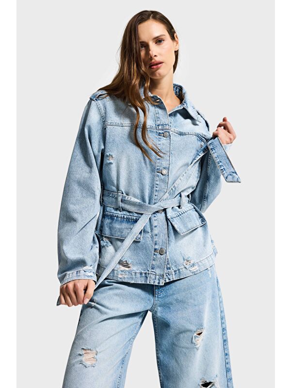 It's Basic Kadın Ice 12s6-32 Oversize Kemer Detaylı Yırtık %100 Pamuk Denim Ceket