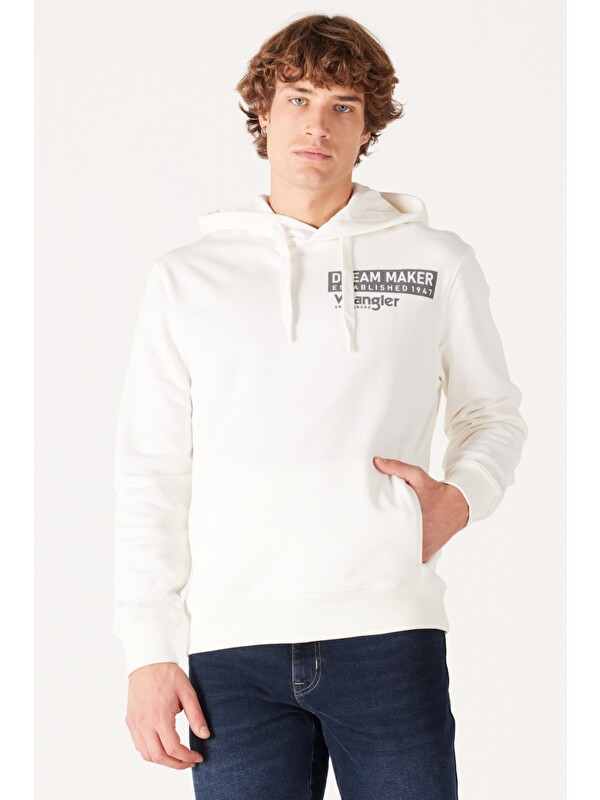 Wrangler Regular Fit Normal kesim Kapüşonlu Şardonlu Kırık Beyaz Sweatshirt