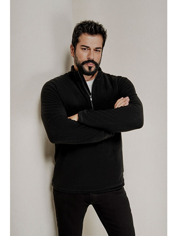 AC&Co / Altınyıldız Classics Erkek Siyah Anti-Pilling Tüylenme Yapmayan Standart Fit Dik Yaka Polar Sweatshirt