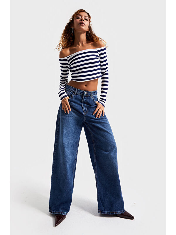It's Basic Kadın Koyu Mavi Renk 2w5-5 Süper Baggy Fit Bol Kesim Orta Bel %100 Pamuk Denim Jean