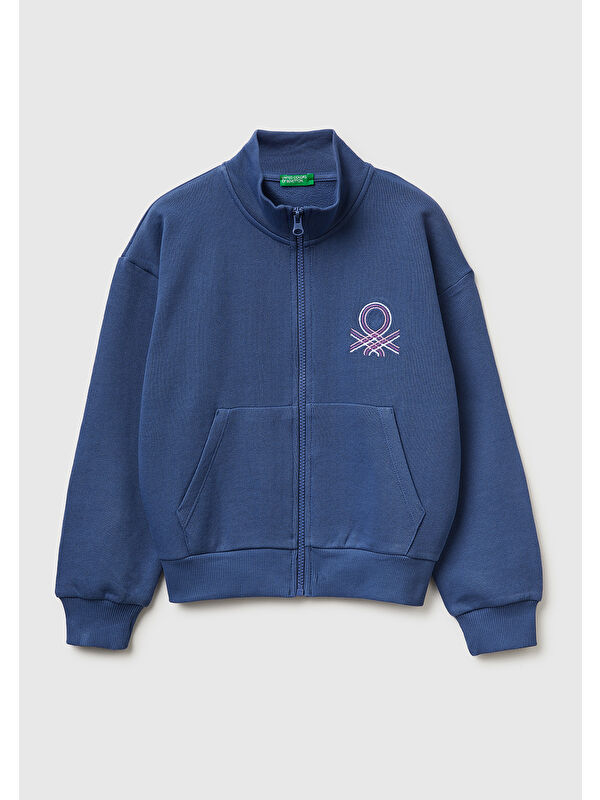 United Colors Of Benetton Kız Çocuk Simli Logolu Fermuarlı Cepli Yüksek Yaka Sweatshirt