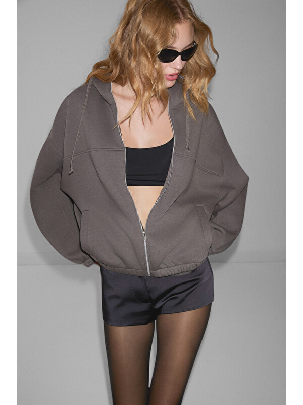 ETHIQUET VALIT Kadın Çift Cepli Eteği Ve Kol Ucu Lastikli Fermuarlı Oversize GRİ Sweatshirt