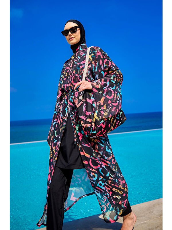 Riva Mera Renkli Desenli İpeksi Kimono Kaftan RP2507