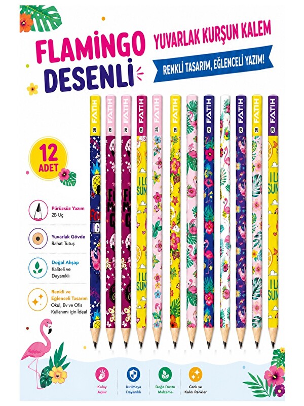 Fatih Flamingo Kurşun Kalem 12 Adet Yuvarlak Gövdeli Siyah Kurşun Kalem 2B Yumuşak Yazım Kolay Tutuş