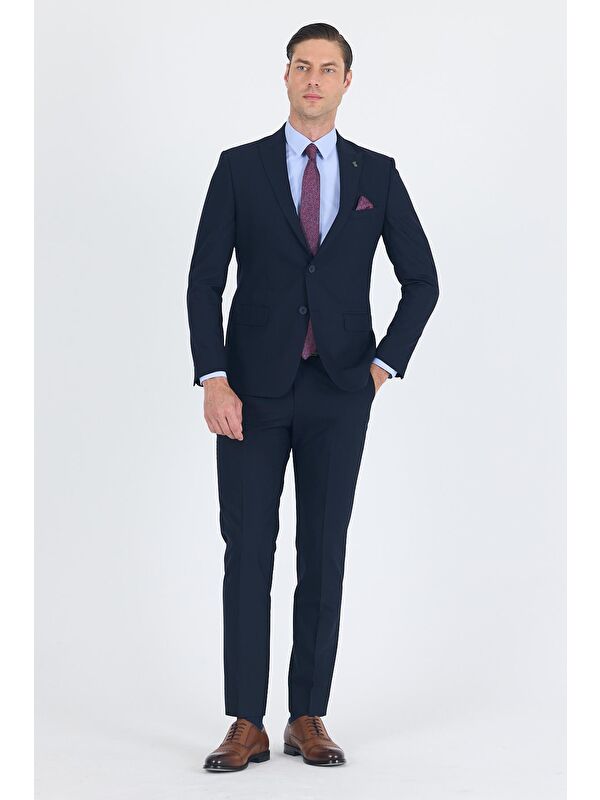 İMZA Lacivert Düz Gabardin Kılıç Yaka 2 Düğme Pamuklu 6 Drop Slim Fit Basic Takım Elbise 1001250011_206