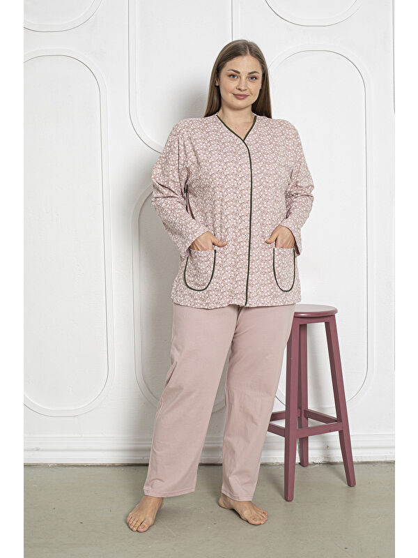 SEBOTEKS %100 Pamuklu Uzun Kollu Boydan Düğmeli Büyük Beden Kadın Pijama Takımı 206