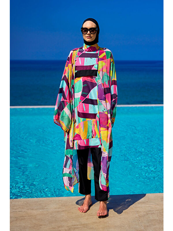 Riva Mera Renkli Desenli İpeksi Kimono Kaftan RP2511