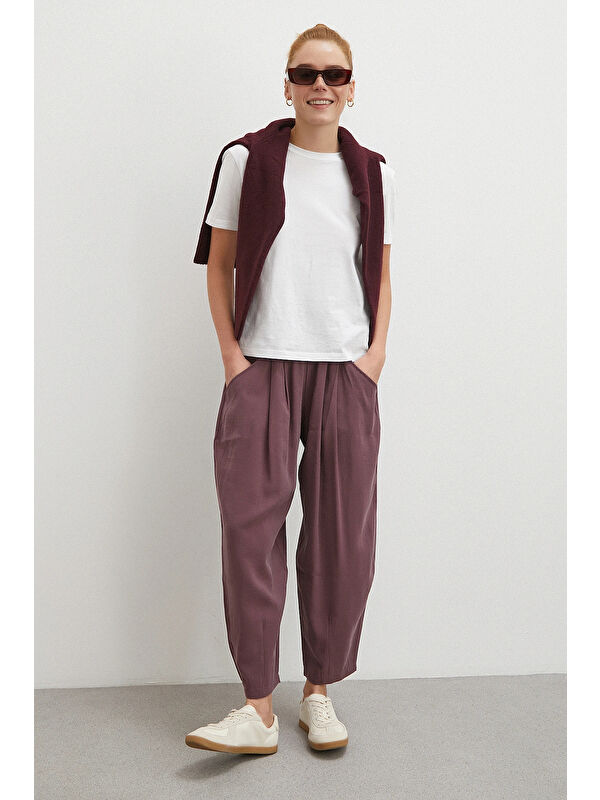 Never More Bağcıklı Beli Lastikli Pileli Pantolon Mürdüm