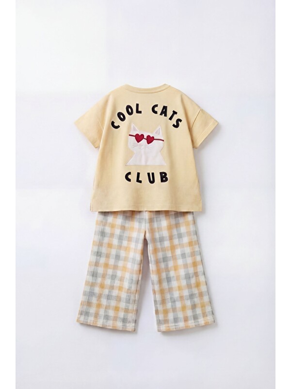 Magu Kız Çocuk Pamuklu Cool Cats Club Baskılı T-Shirt Ekose Eşofman Takım
