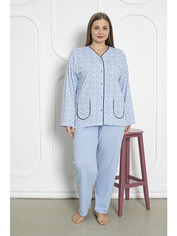 SEBOTEKS %100 Pamuklu Uzun Kollu Boydan Düğmeli Büyük Beden Kadın Pijama Takımı 206