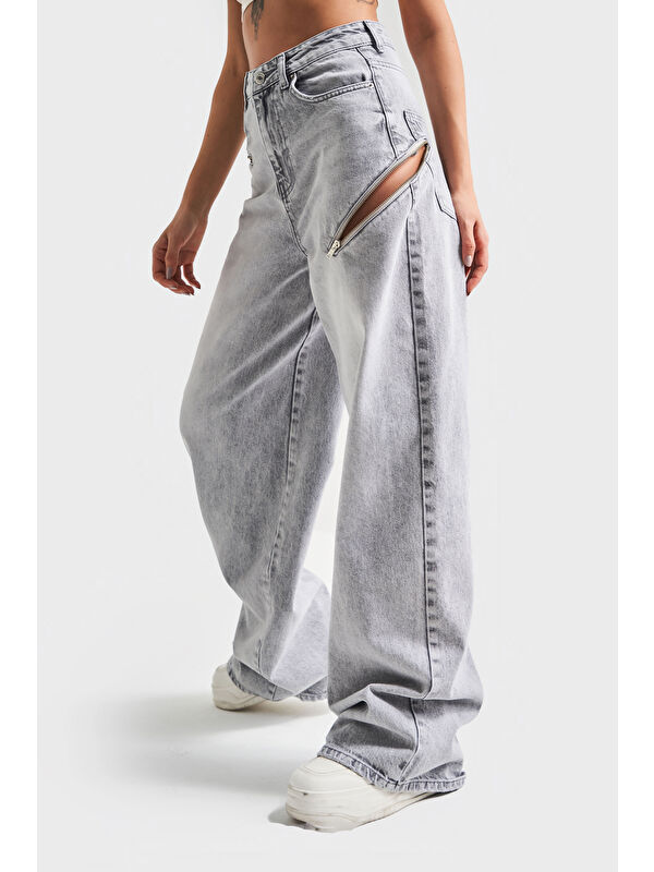 It's Basic Kadın Gri Renk 4S5-12 Palazzo Fit Bol Kesim %100 Pamuk Fermuar Detaylı Tasarım Denim Jean