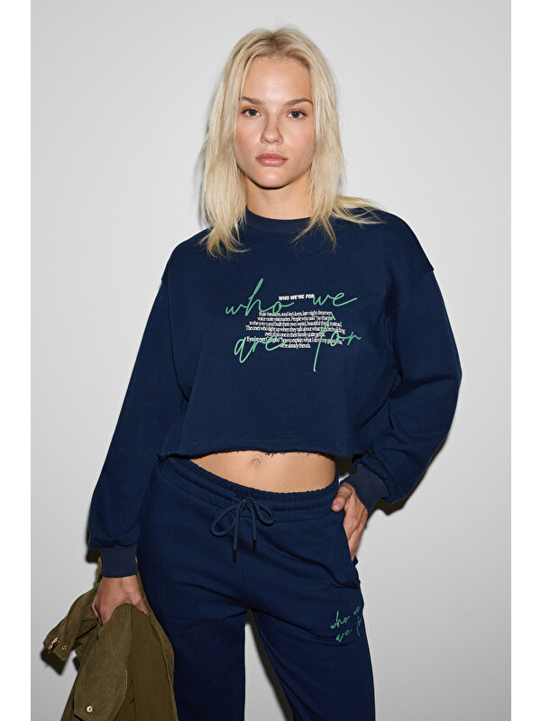 ETHIQUET QERKS Kadın Baskı Detaylı Oversize LACİVERT Sweatshirt