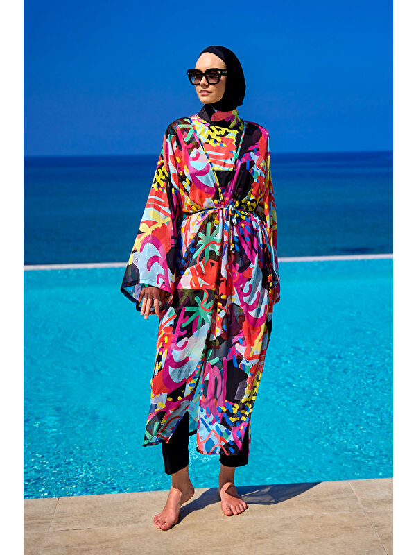 Riva Mera Renkli Desenli İpeksi Kimono Kaftan RP2510