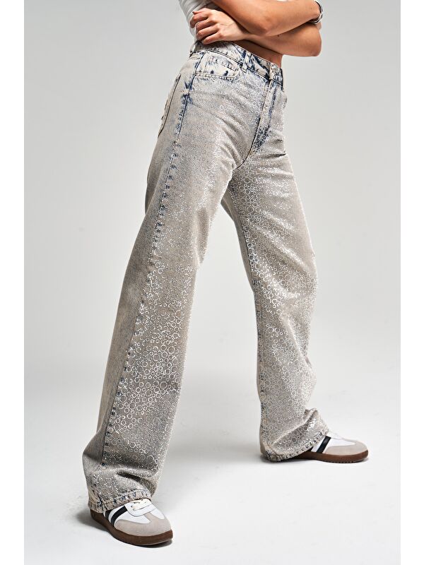 It's Basic Kadın T.Kot Rengi T-4S5-90 Parlak Taşlı %100 Pamuk Tasarım Straight Fit Denim Jean