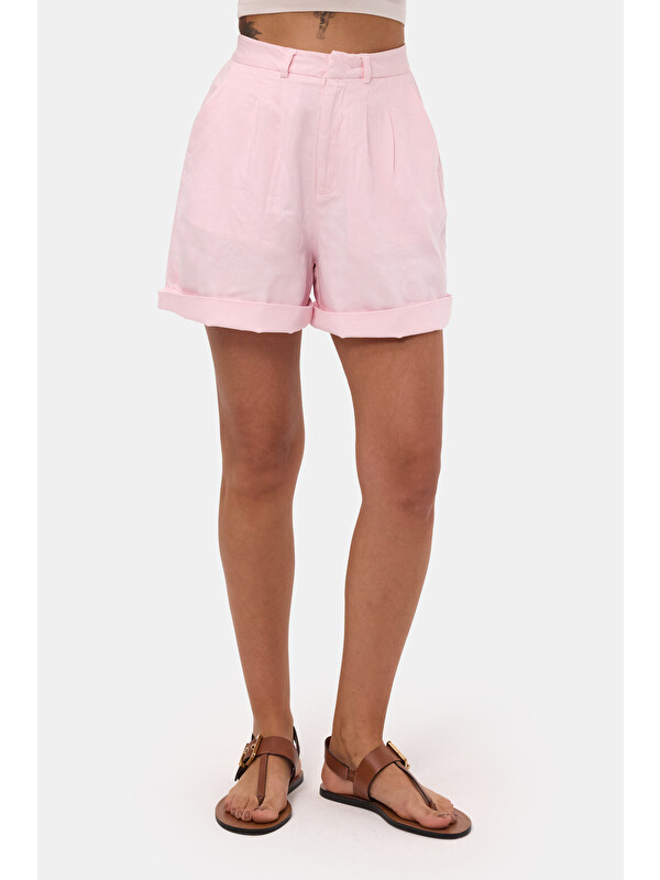 It's Basic Kadın Pembe 6s6-98 Mom Relax Fit Organik Keten Kumaş Şort