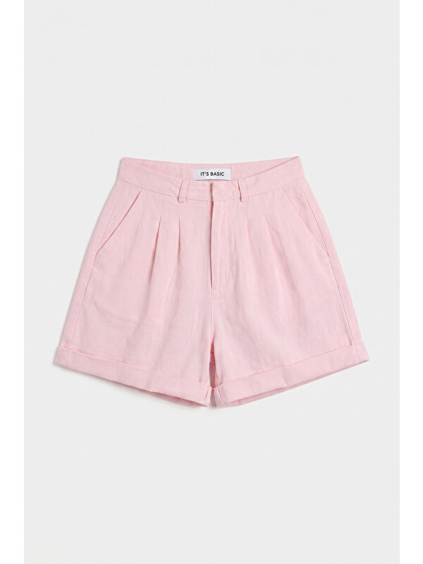 It's Basic Kadın Pembe 6s6-98 Mom Relax Fit Organik Keten Kumaş Şort