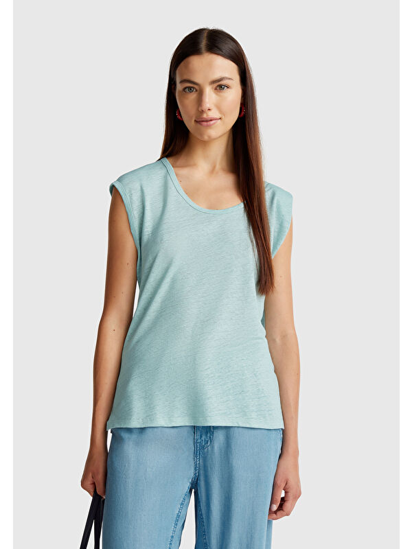 United Colors Of Benetton Kadın Su Yeşili %100 Keten Yanları Yırtmaçlı Relax Fit Yuvarlak Yaka T-Shirt