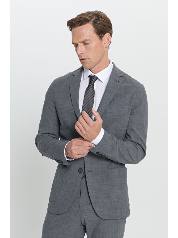 Altınyıldız Classics Erkek Gri Slim Fit Dar Kesim Mono Yaka Yünlü Takım Elbise