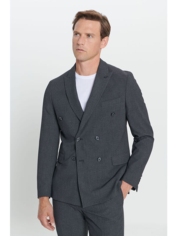 Altınyıldız Classics Erkek Antrasit Slim Fit Kırlangıç Yaka Gofre Desenli Kruvaze Takım Elbise