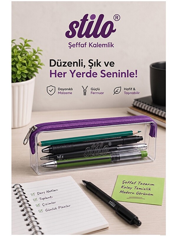 Artlantis Şeffaf Kalemlik Lila Fermuarlı 1 Adet Stilo 1129 Tek Bölmeli Fermuarlı Plastik Çocuk Okul Kalem Maky