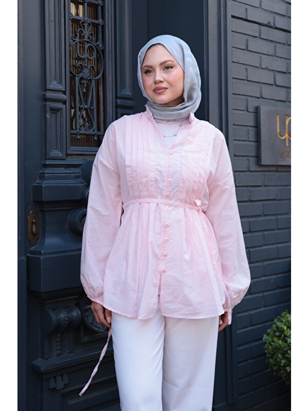 Locco Moda Kadın Önü Pile Detay Vual Gömlek Pembe