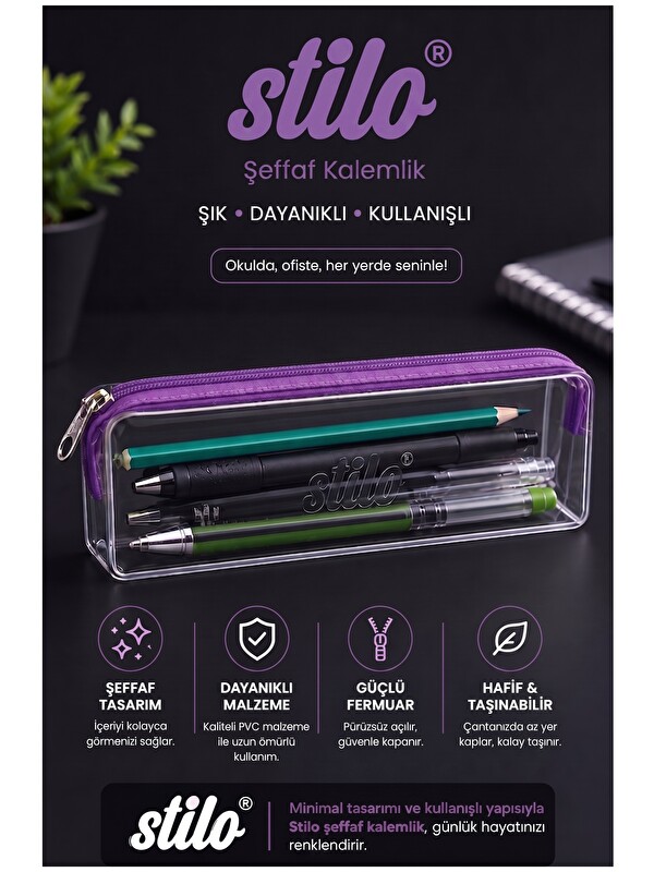 Artlantis Şeffaf Kalemlik 1 Adet Stilo 1129 Tek Bölmeli Fermuarlı Plastik Çocuk Okul Kalem Makyaj Kutusu Neon