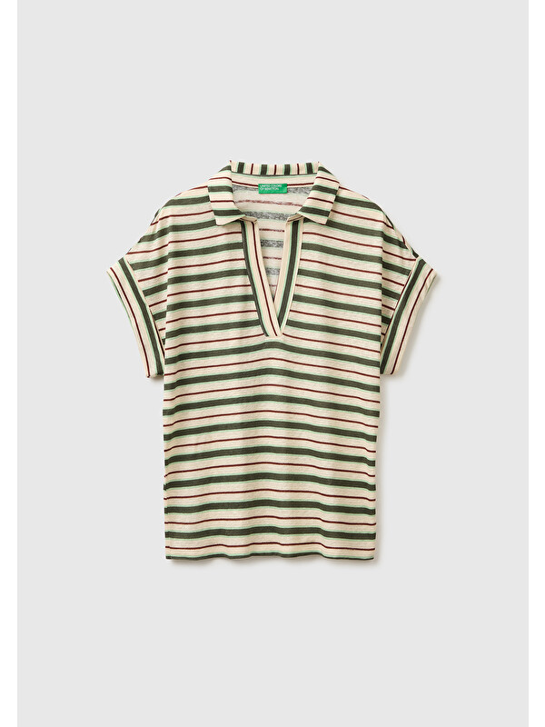 United Colors Of Benetton Kadın Yeşil Keten Viskoz Karışımlı Baskılı Polo Yaka T-Shirt