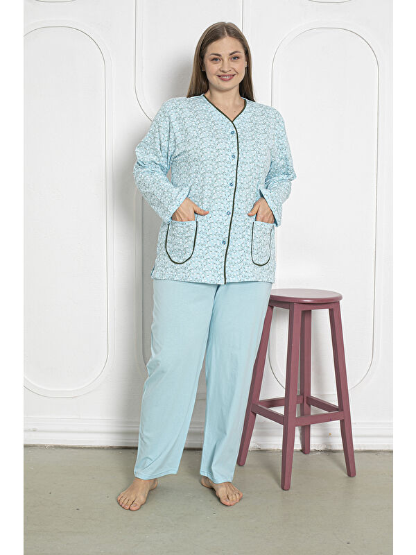 SEBOTEKS %100 Pamuklu Uzun Kollu Boydan Düğmeli Büyük Beden Kadın Pijama Takımı 206