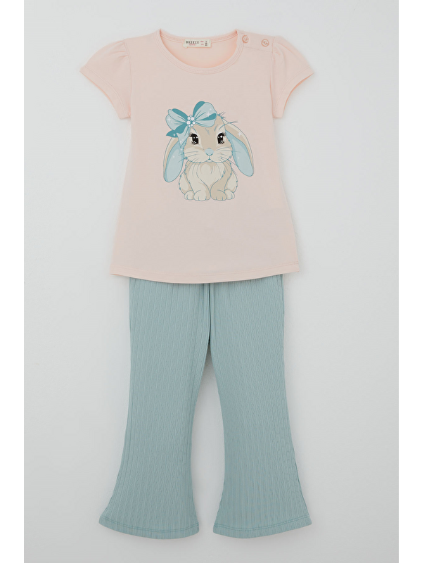 Breeze Kız Çocuk Taytlı Takım Sevimli Fiyonklu Tavşancık Baskılı Pudra (1.5-5 Yaş)