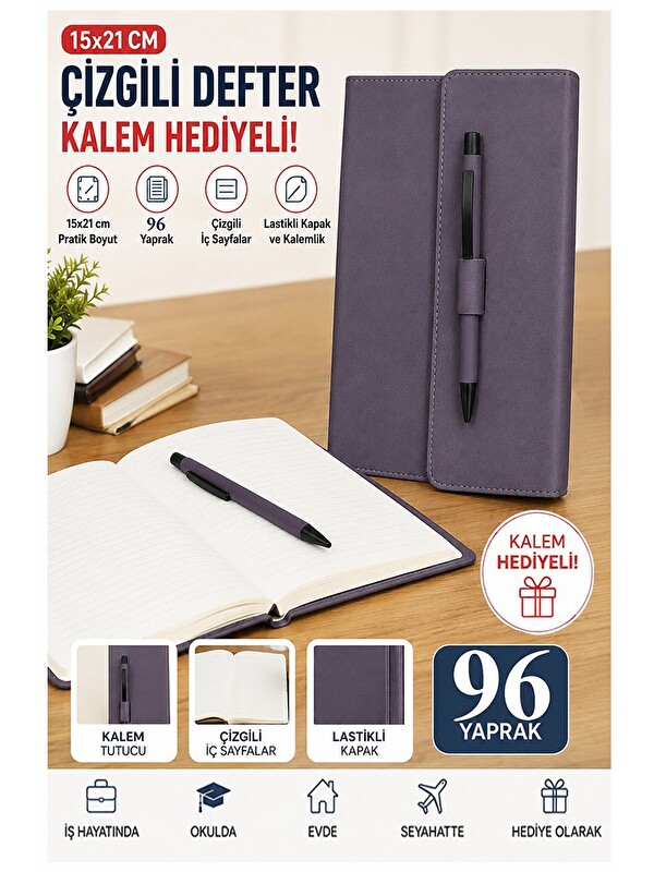 Artlantis Kaliteli Kapaklı Lastikli Not Defteri A5 15x20cm 1 Adet Lizz Sf3kl Sert Kapak Ciltli 96 Yaprak Çizgi