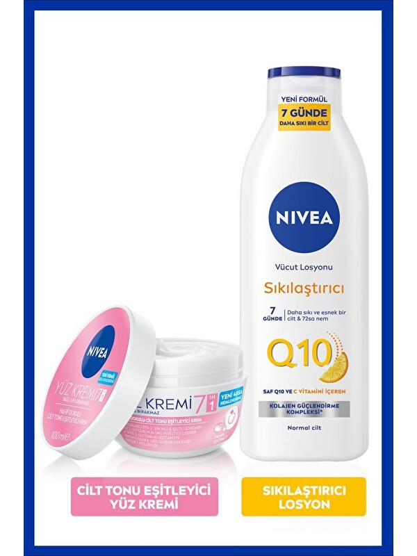 NIVEA 7 Günde Sıkılaştırıcı Vücut Losyonu 250ml ve Cilt Tonu Eşitleyici Yüz Kremi 100ml, Nemlendirici