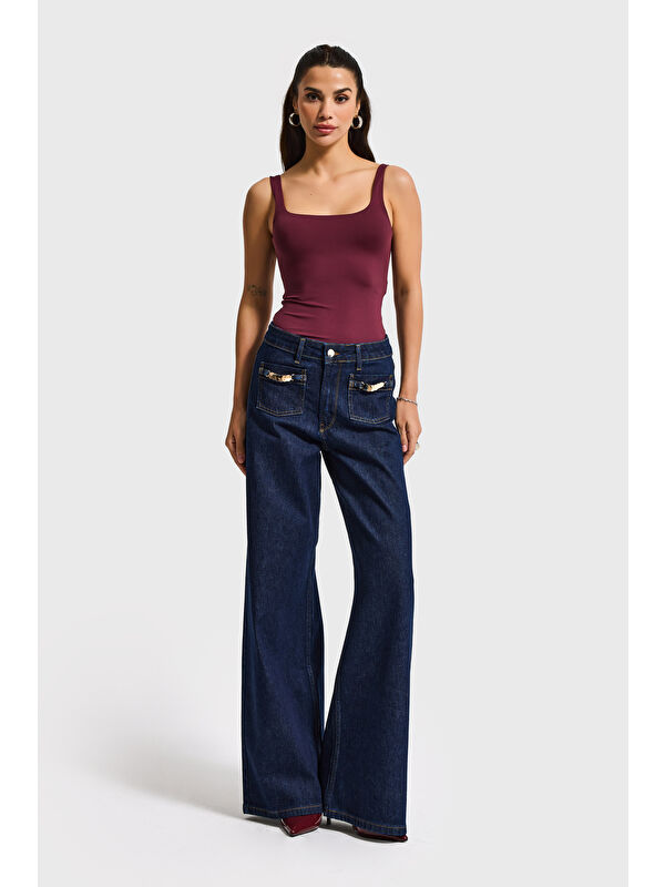 It's Basic Kadın İndigo 7s6-50 Midrise Wide Leg Fit Viskon Kumaş Aksesuar Detaylı Denim Jean