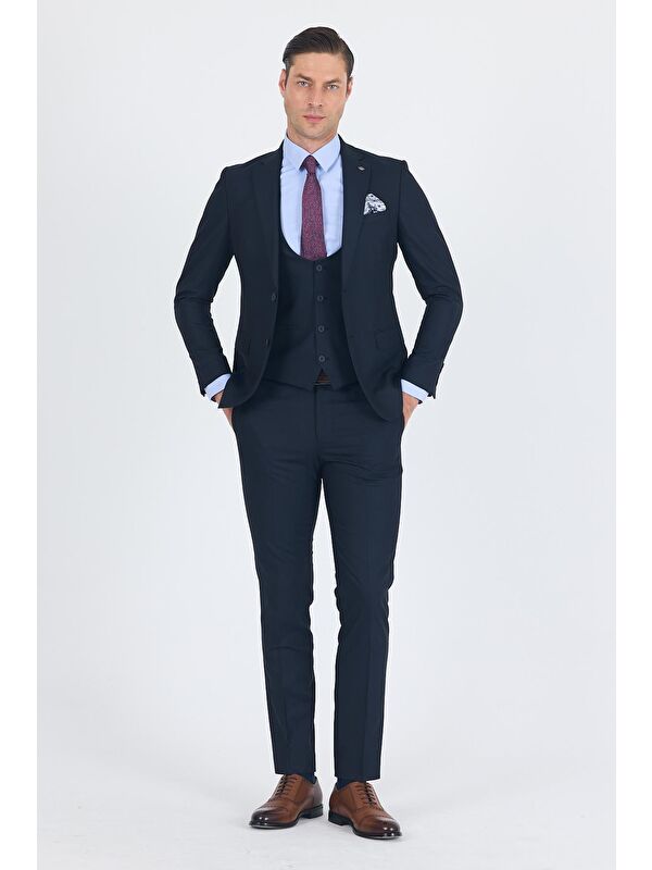İMZA Lacivert Düz Bez Ayağı Mono Yaka 2 Düğme 6 Drop Slim Fit Basic Takım Elbise 1001250186_206