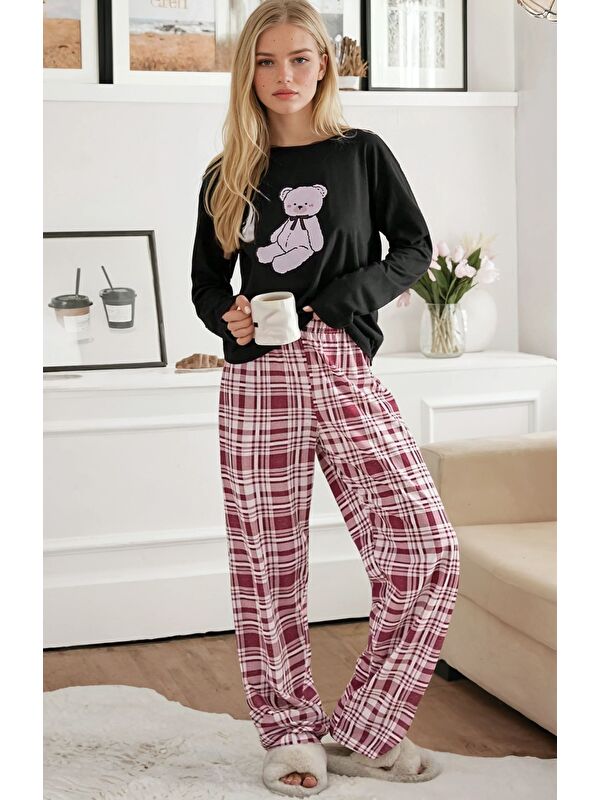 carla10 Ekose Desen Ayıcık Baskılı Uzun Kol Pijama Takımı