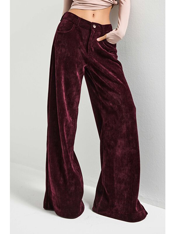 It's Basic Kadın Bordo w5-35 Palazzo Fit Velvet Kadife Kumaş Pantolon