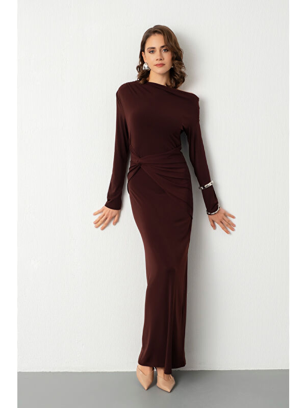 Lafaba Kadın Kahverengi Düğüm Detay Uzun Örme Elbise
