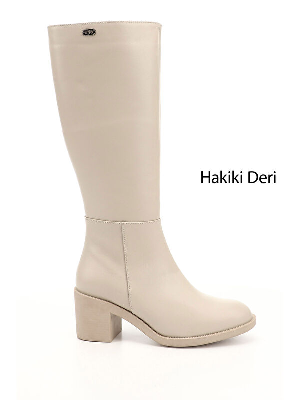 GÖNDERİ(R) Kadın BEJ-CAMEL Fermuarlı Kalın Topuklu Hakiki Deri Çizme