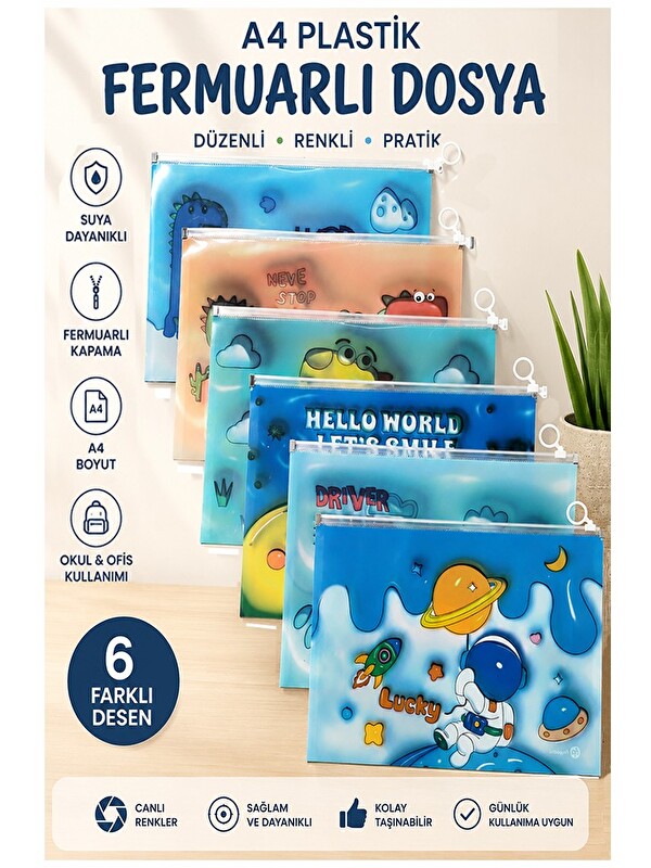Artlantis Fermuarlı Dosya Renkli A4 6 Adet Fixpoint 2380 Plastik Desenli Fermuarlı Zarf Dosya Ödev Evrak Belge