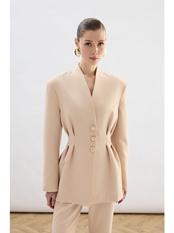 SATEEN Gold Düğmeli Uzun Ceket - Bej
