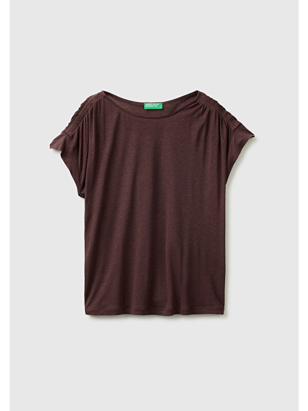 United Colors Of Benetton Kadın Kahverengi Keten Liyosel Karışımlı Omuzları Büzgü Detaylı T-Shirt
