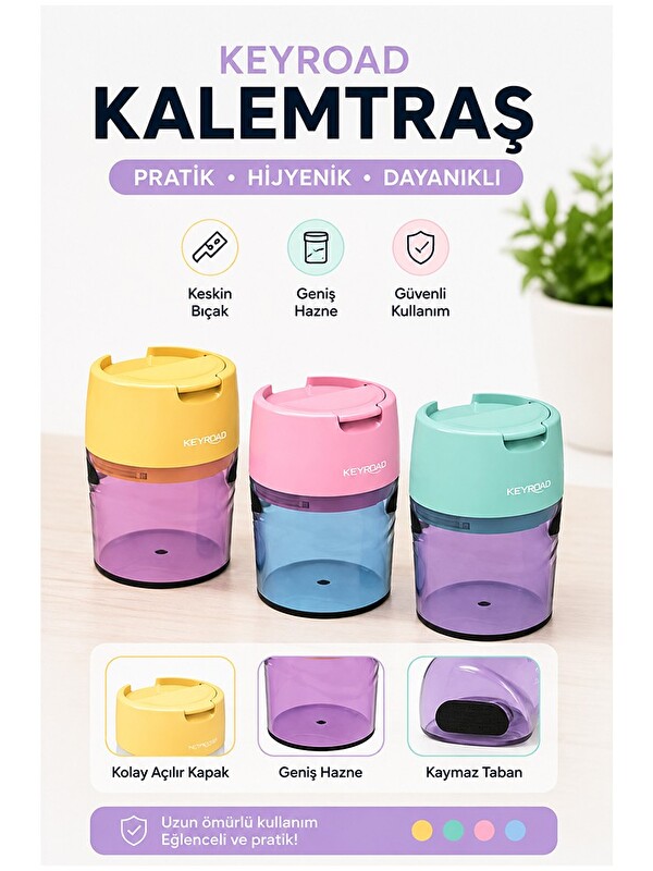 Artlantis Renkli Kalemtraş 3 Adet Keyroad KR-972410 Hazneli Çift Bıçaklı Kalem Açacağı Plastik Kalemtıraş Kale