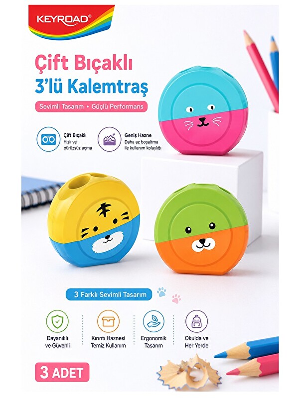 Artlantis Renkli Sevimli Kalemtraş Keyroad KR-971839 3 Adet Hazneli Çift Bıçaklı Kalem Açacağı Plastik Kalemtı