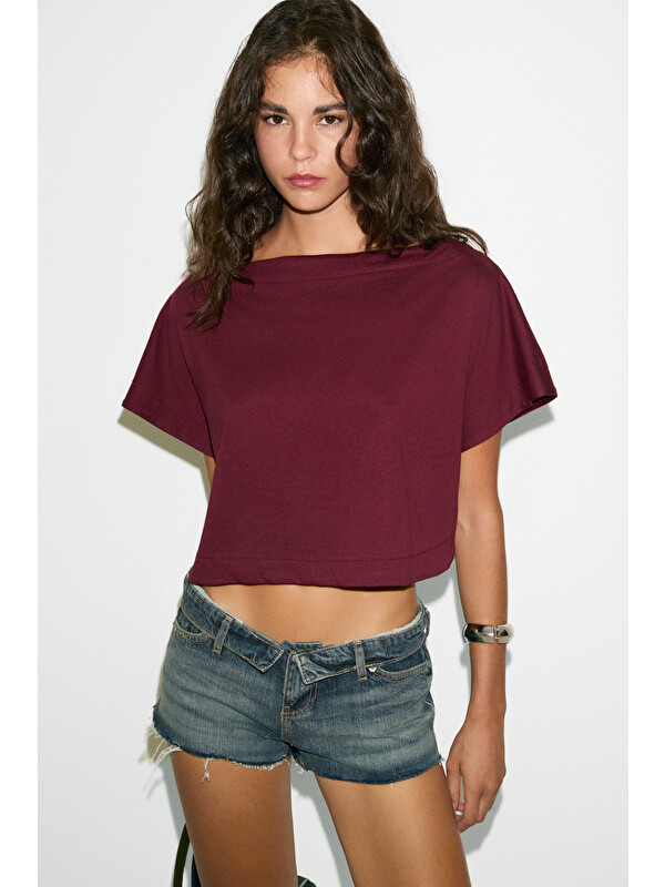 ETHIQUET IBERIS Kadın %100 Organik Pamuklu Kayık Yakalı Rahat Kalıp BORDO T-Shirt