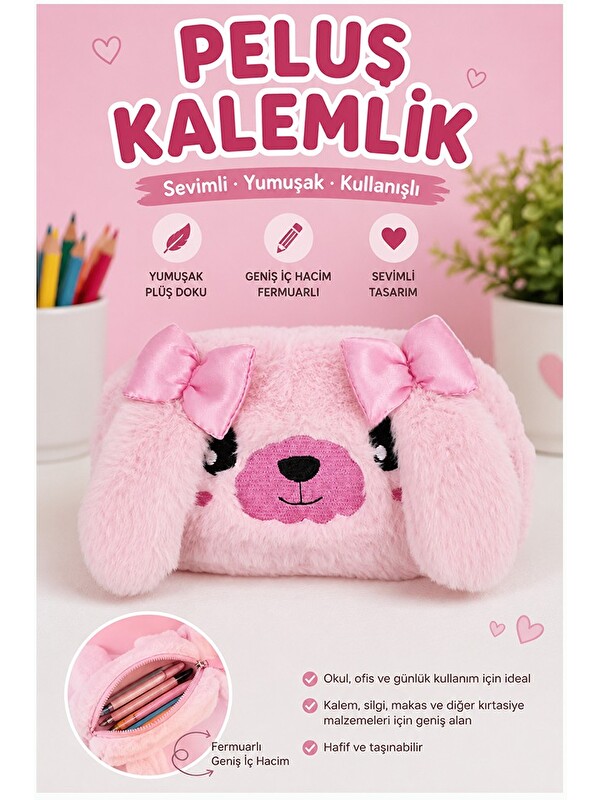 Artlantis Pembe Pelüş Tatlı Köpek Fermuarlı Tek Bölmeli Kız Kalemlik 1 Adet Tek Bölmeli Kalemlik Organizer 221