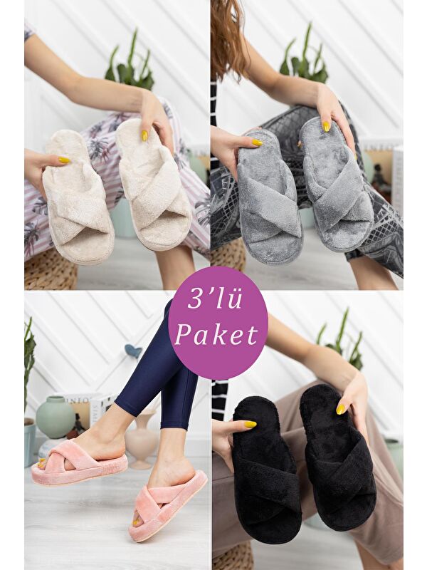 3'lü Paket Çapraz Kadın Terlik Ev Terliği - Görsel 2