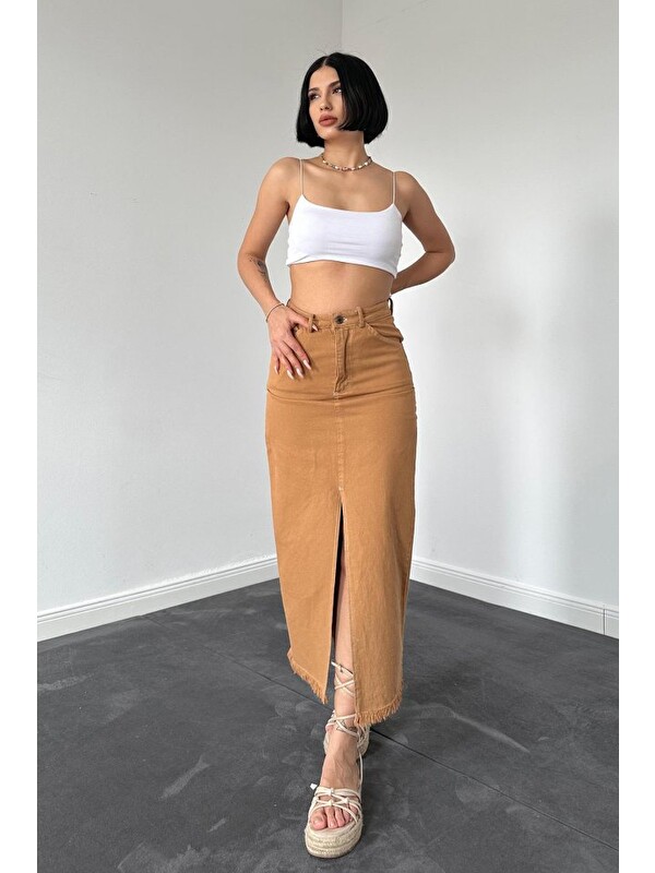 Jane's Camel Gabardin Boyamalı Püsküllü Etek