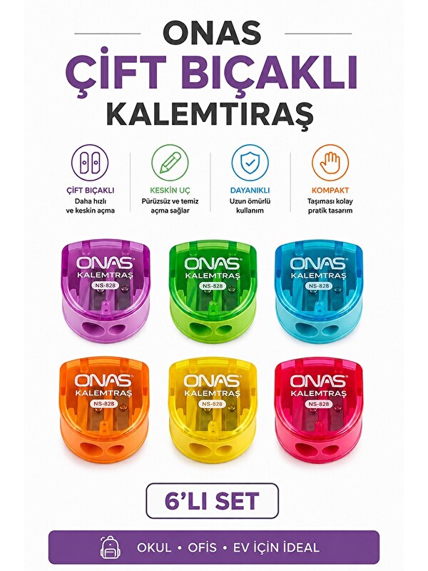 Artlantis Kalemtraş 6 Adet Onas Ns-828 Hazneli Çift Bıçaklı Kalem Açacağı Plastik Kalemtıraş Kalem Traş Okul S