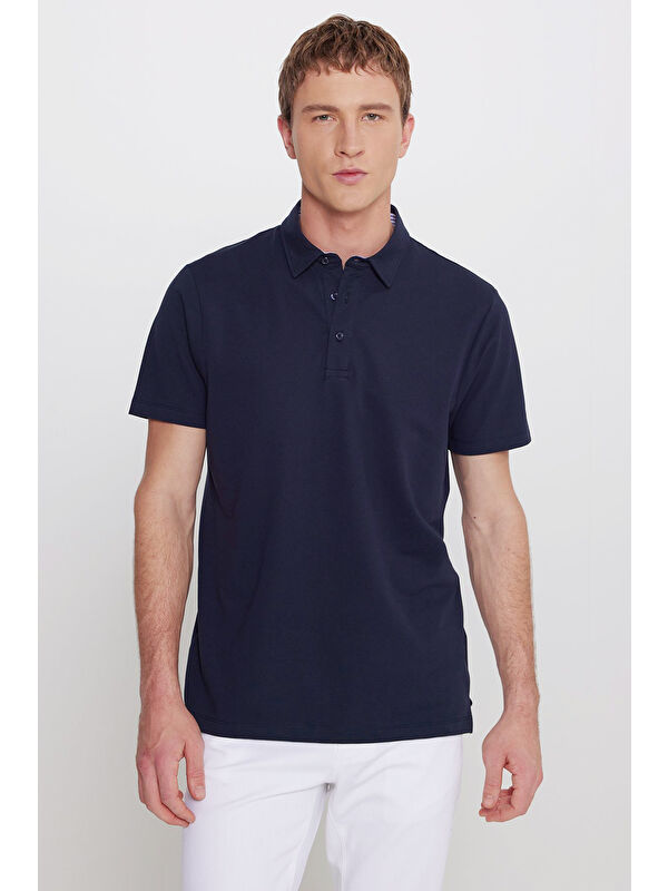 Altınyıldız Classics Erkek Lacivert Pamuklu Slim Fit Dar Kesim Polo Yaka Esnek Tişört