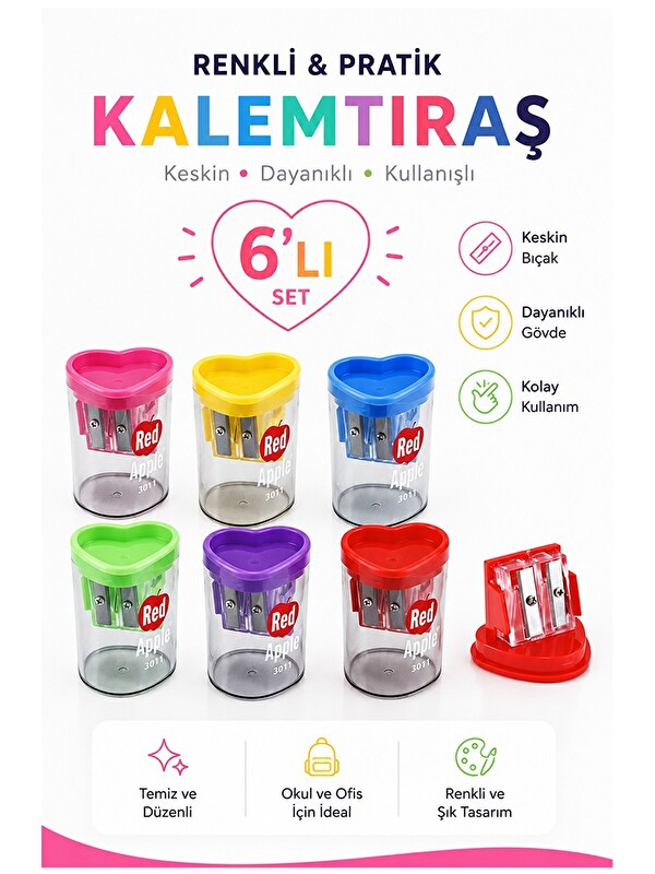 Artlantis İkili Kalemtraş 6 Adet Redapple 3016 Kalpli Hazneli Çift Bıçaklı Kalem Açacağı Plastik Kalemtıraş Ka
