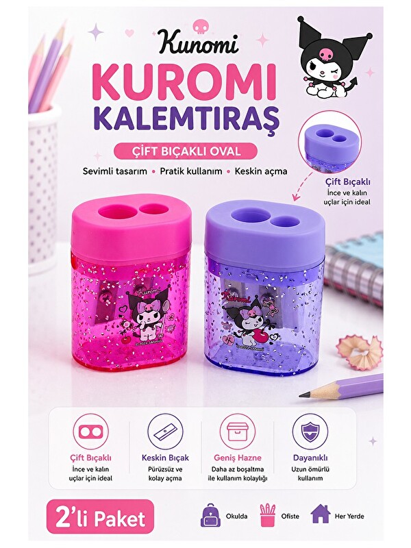 Artlantis Kuromi Oval Kalemtraş 2 Li 590161 Kuromi Figürlü Hazneli Çift Bıçaklı Kalem Açacağı Sevimli Plastik